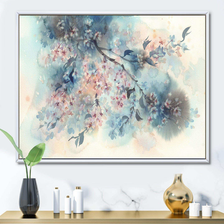 White Sakura Flower Blossom On Pastel Blue Background
