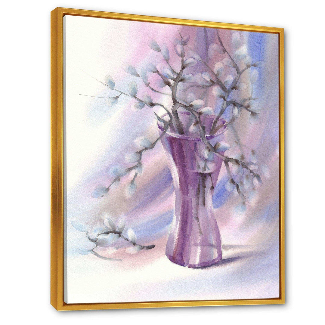Pussy Willow Branches In Violet Glass Vase
