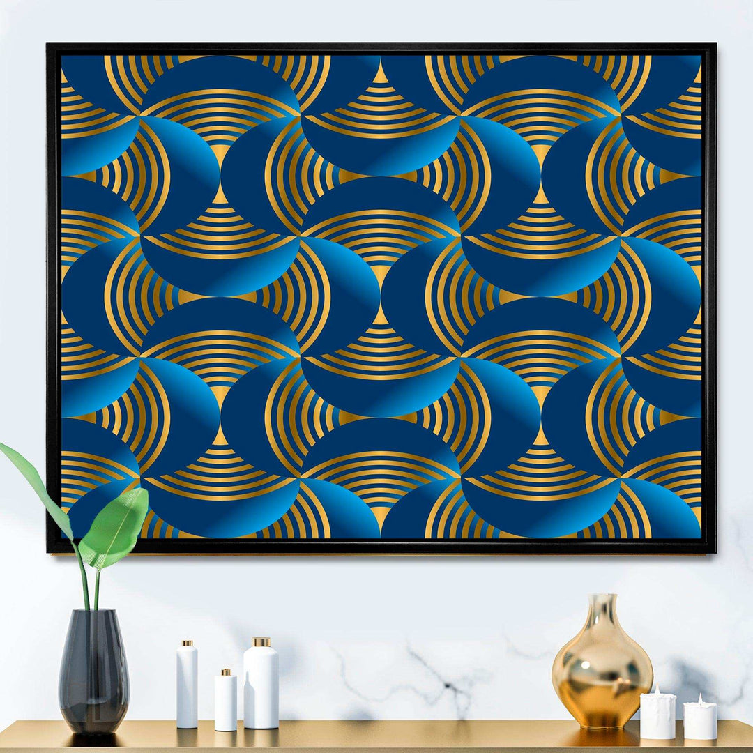 Geometric abstract waves in gold and marine blue - Wall Art Prints
