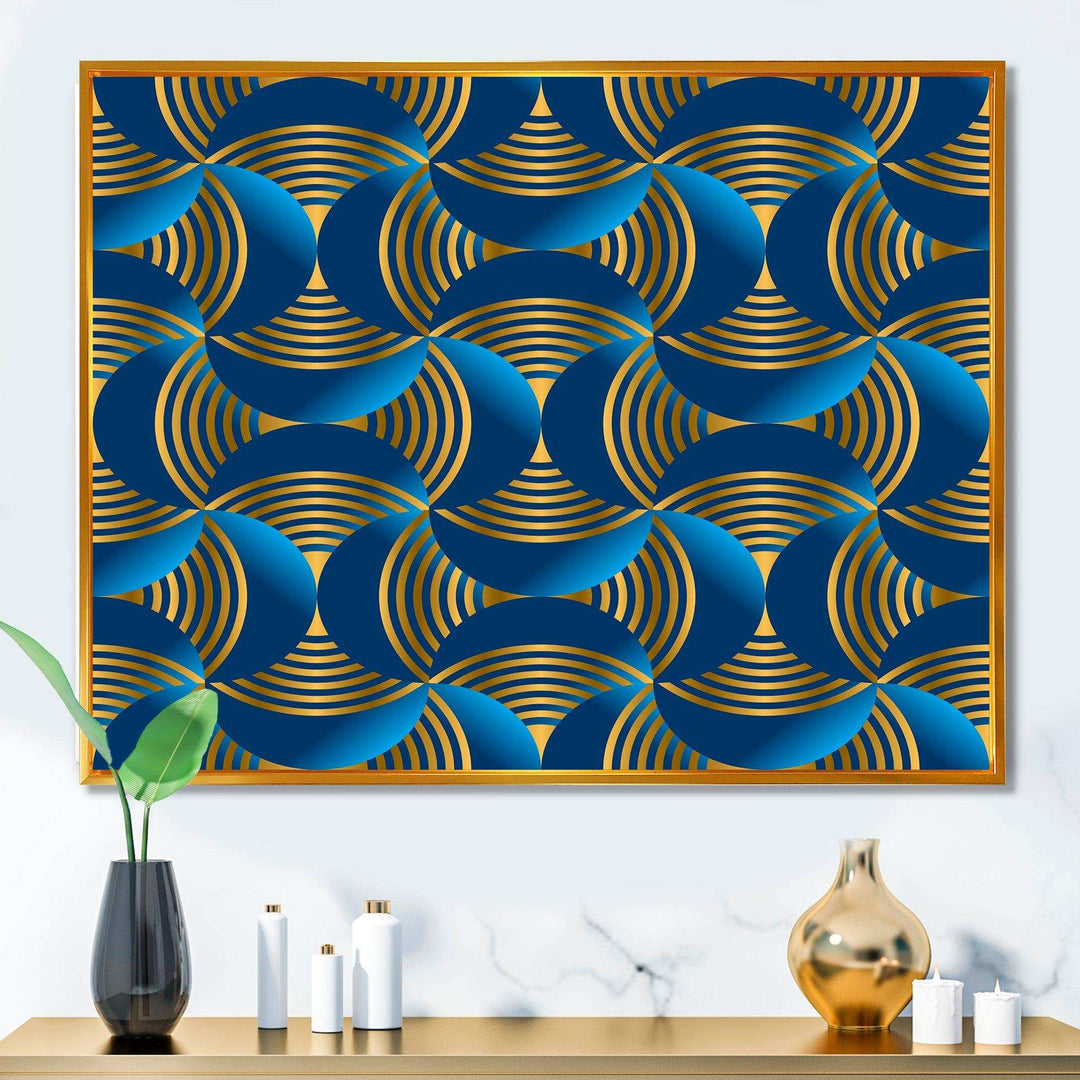 Geometric abstract waves in gold and marine blue - Wall Art Prints