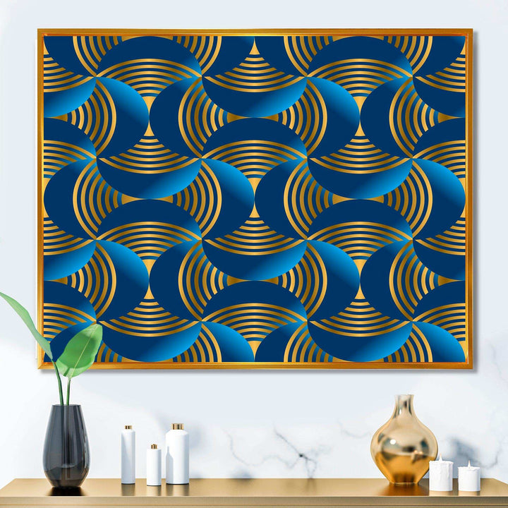 Geometric abstract waves in gold and marine blue - Wall Art Prints