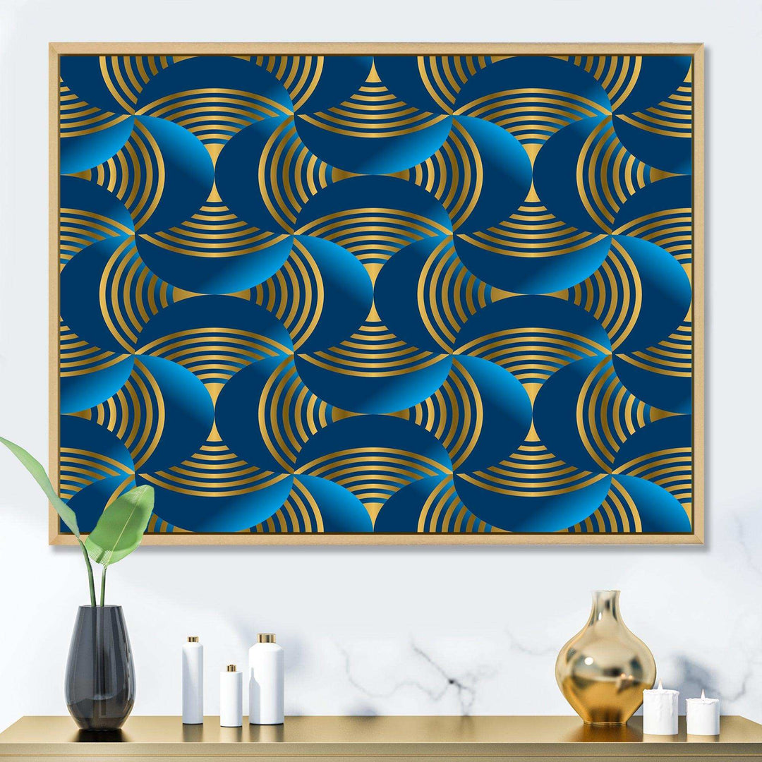 Geometric abstract waves in gold and marine blue - Wall Art Prints