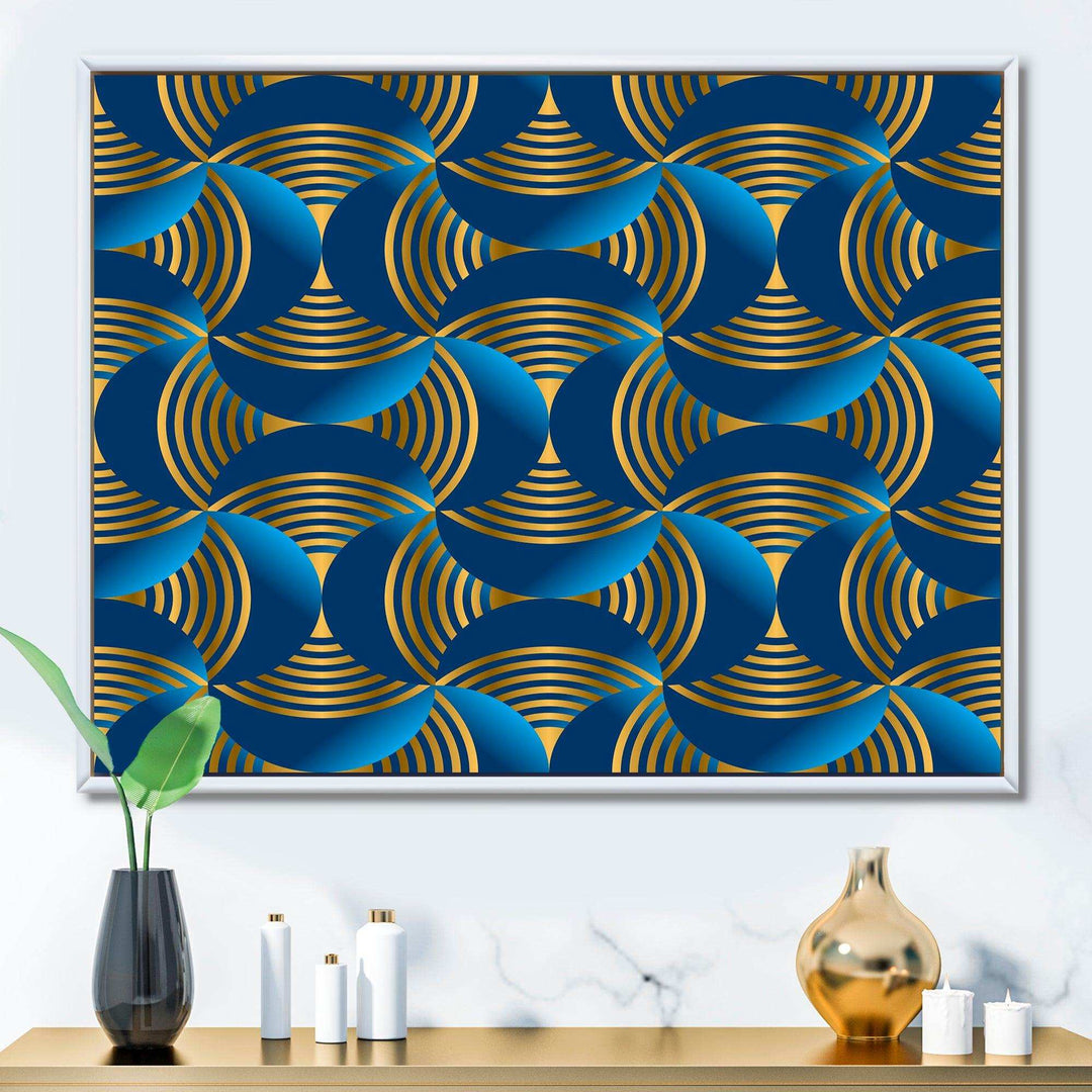 Geometric abstract waves in gold and marine blue - Wall Art Prints