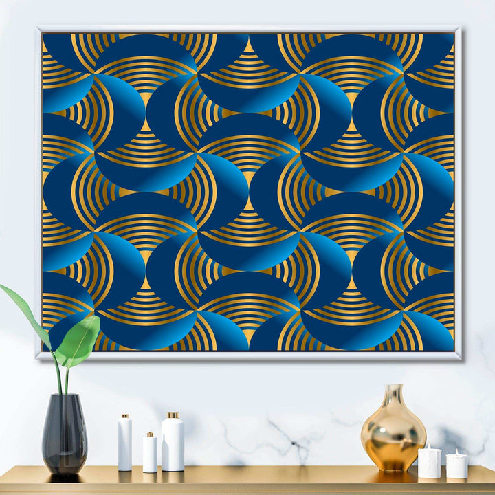 Geometric abstract waves in gold and marine blue - Wall Art Prints