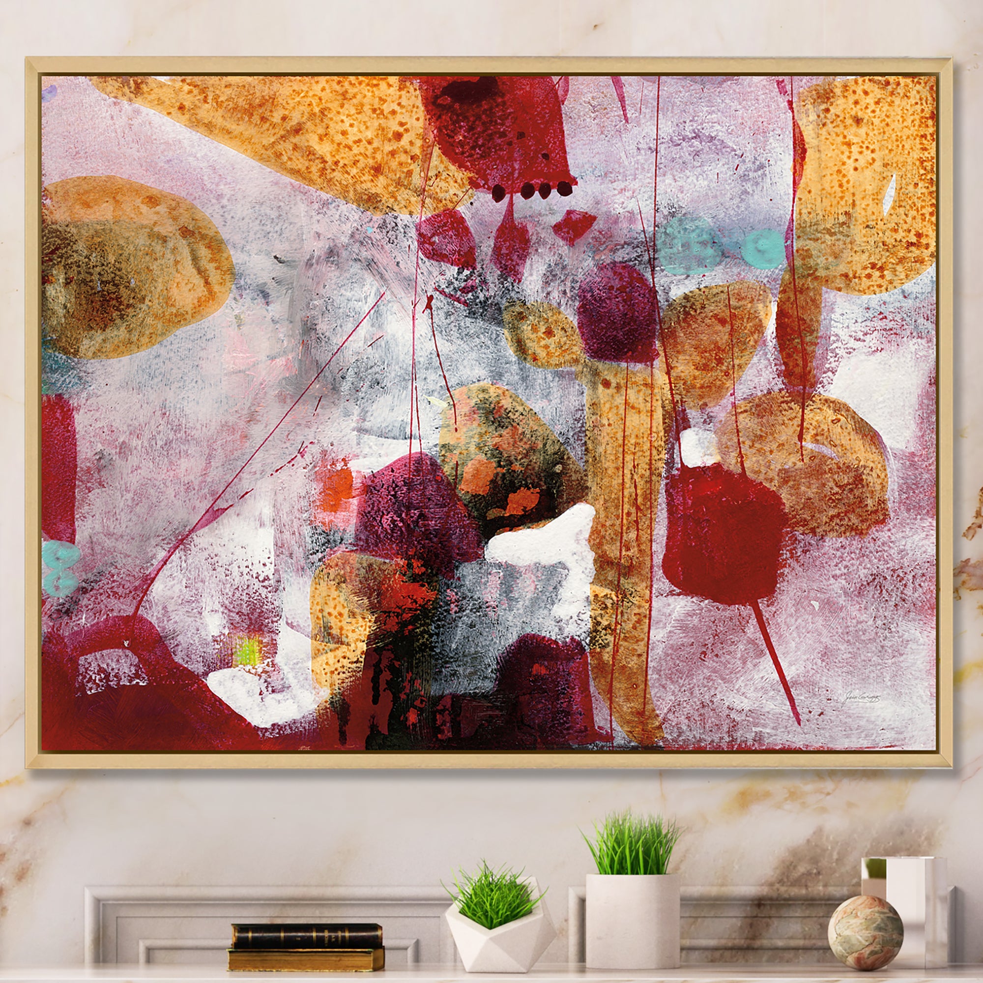Abstract Watercolor with Red and Yellow Framed Canvas Matte White - 1.5" Thick