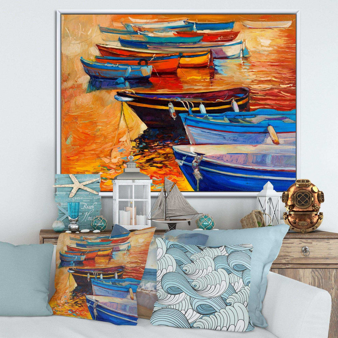Boats In The Harbor During Warm Colourd Sunset I