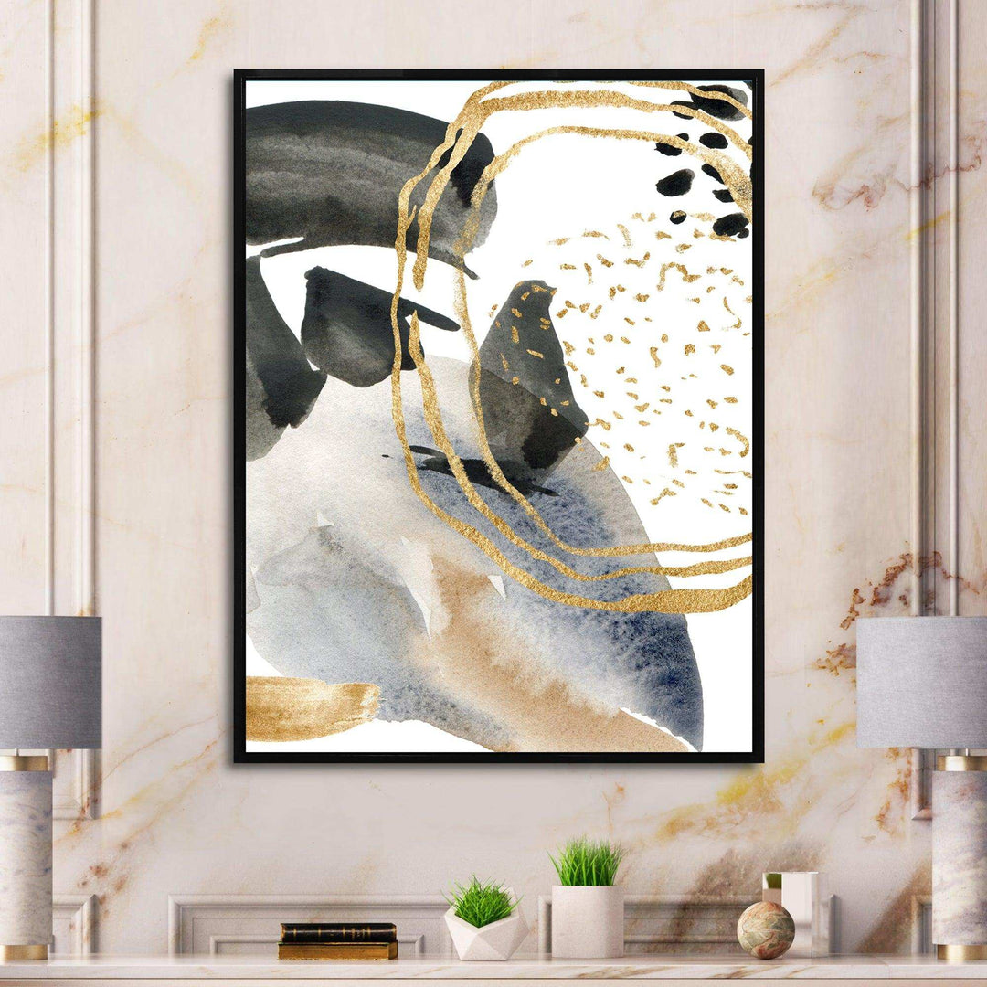Pastel Abstract With Blue Black Beige &amp; Gold Spots - Modern Living Room Wall Decor