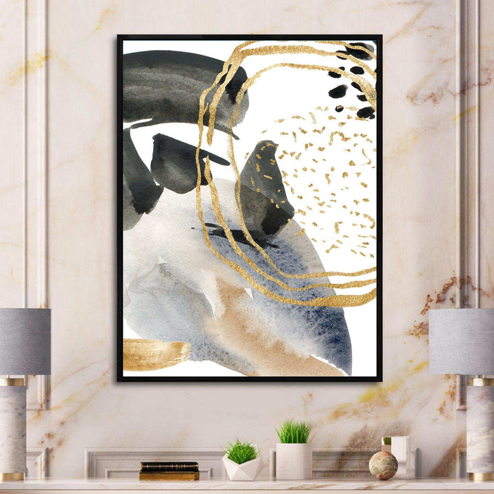 Pastel Abstract With Blue Black Beige &amp; Gold Spots - Modern Living Room Wall Decor