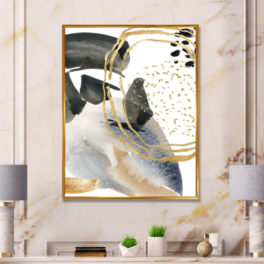 Pastel Abstract With Blue Black Beige &amp; Gold Spots - Modern Living Room Wall Decor