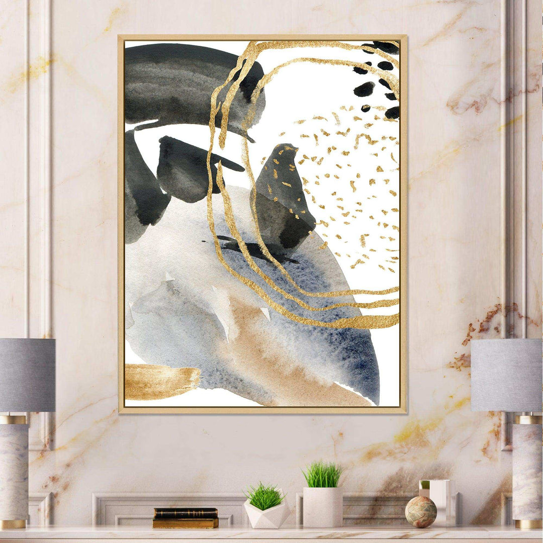 Pastel Abstract With Blue Black Beige &amp; Gold Spots - Modern Living Room Wall Decor