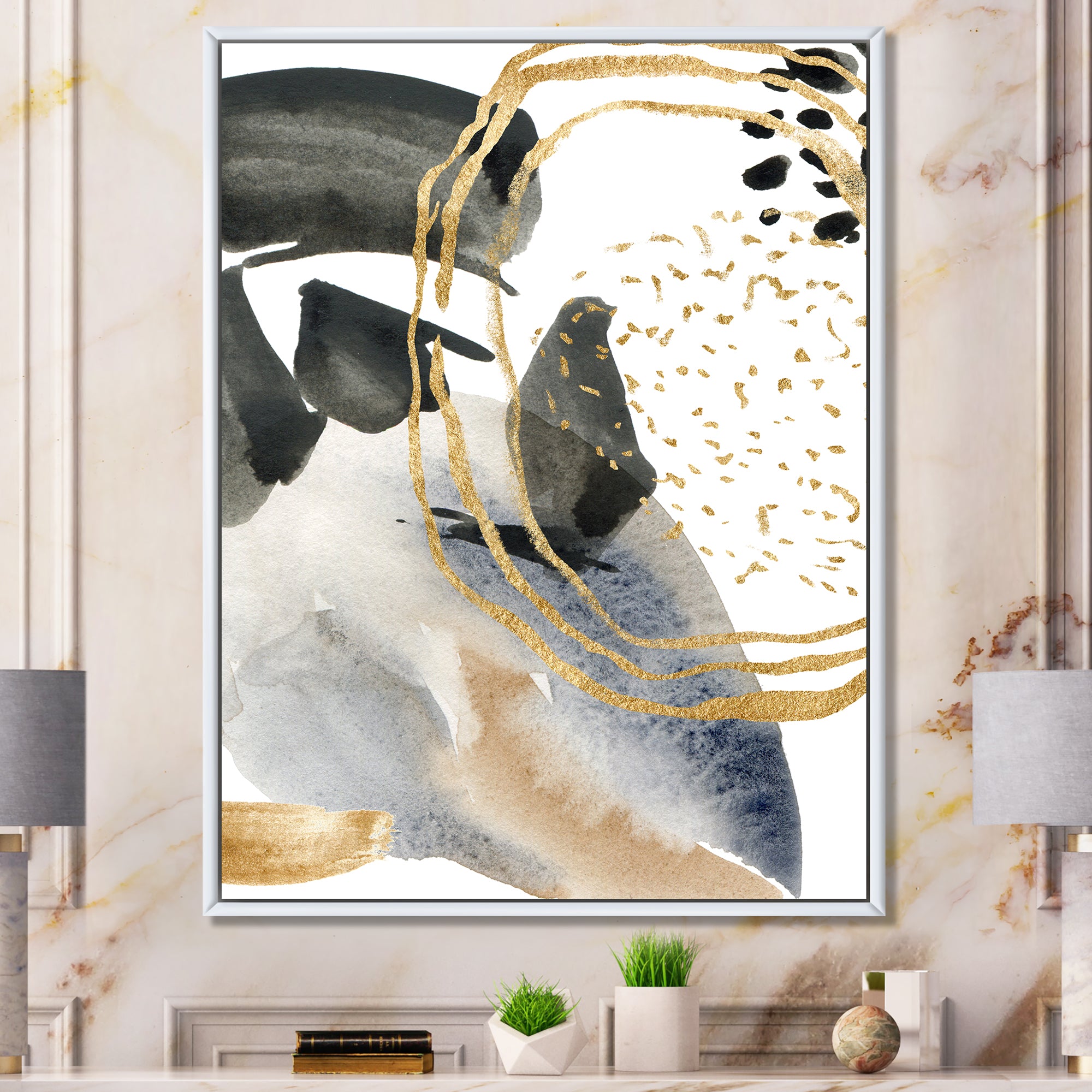 Pastel Abstract With Blue Black Beige & Gold Spots