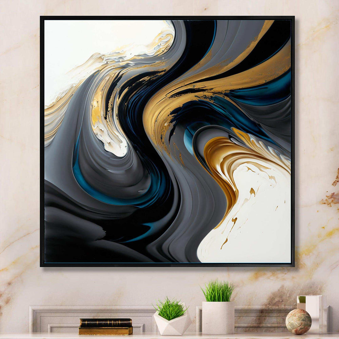 Black, White And Gold Liquid Art IV - Modern Living Room Wall Decor