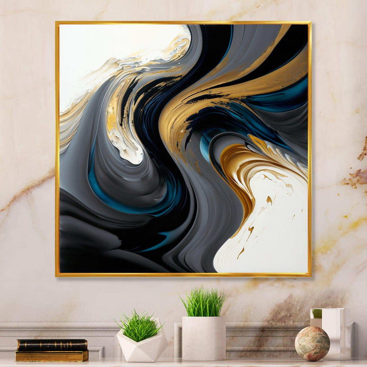 Black, White And Gold Liquid Art IV - Modern Living Room Wall Decor