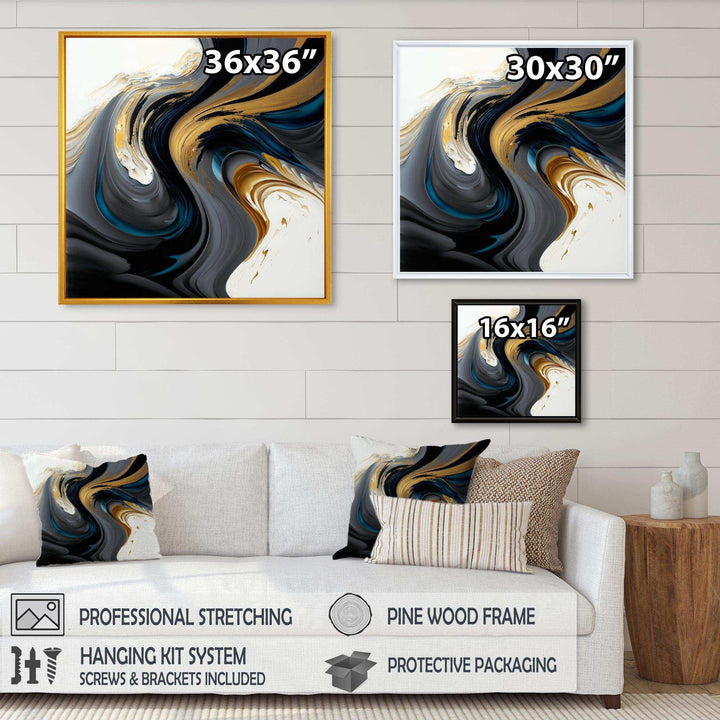 Black, White And Gold Liquid Art IV - Modern Living Room Wall Decor