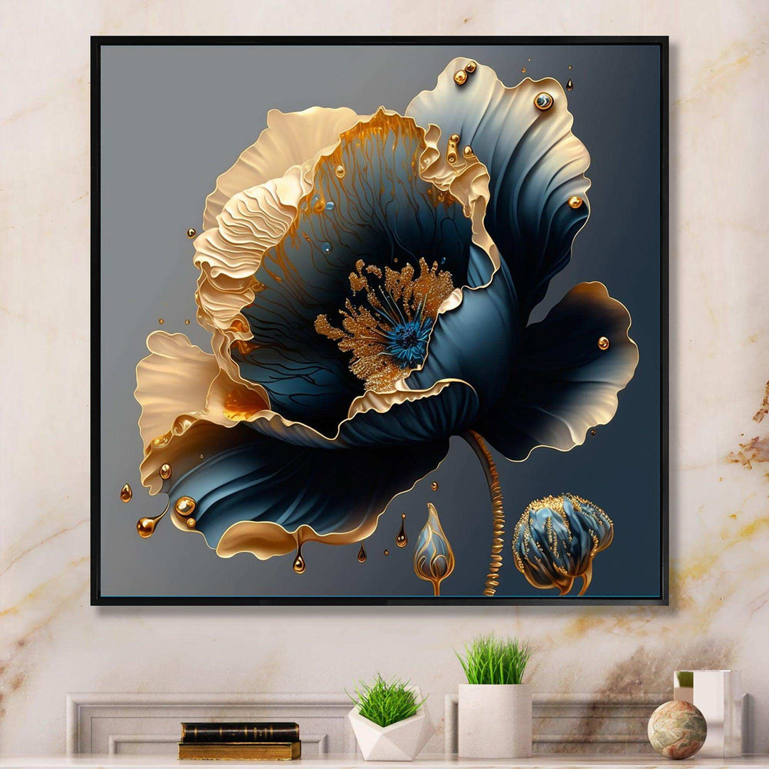 Idesignart deep blue and gold single flower iv