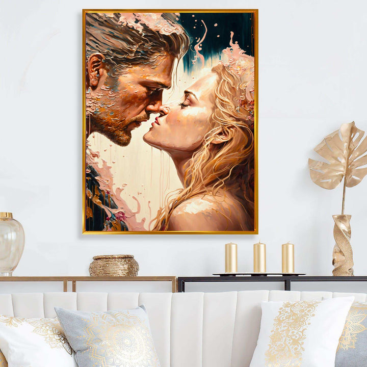 Blue And Gold Couple Kissing Art