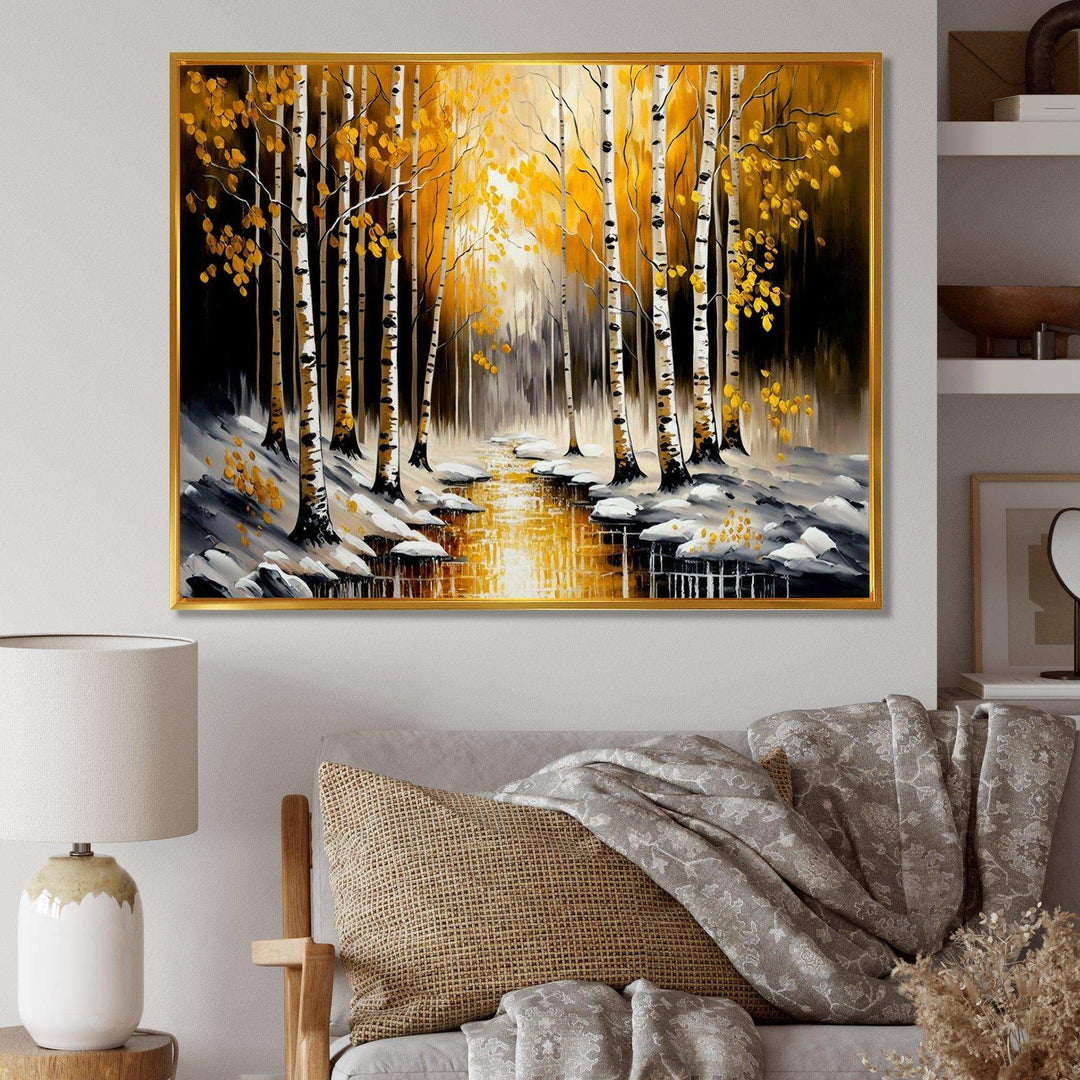 Monochrome Golden Birch Trees By The River I