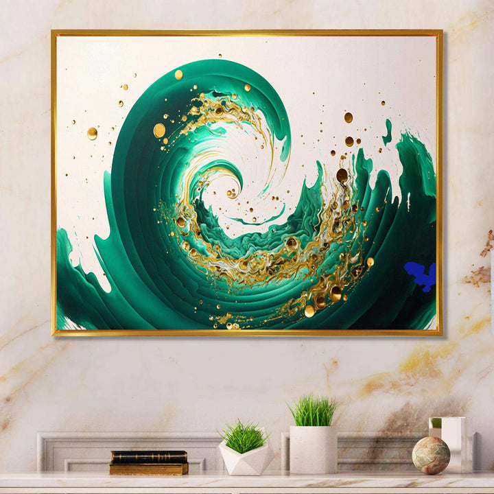 Green And Gold Crashing Waves IV - Modern Bedroom Wall Art