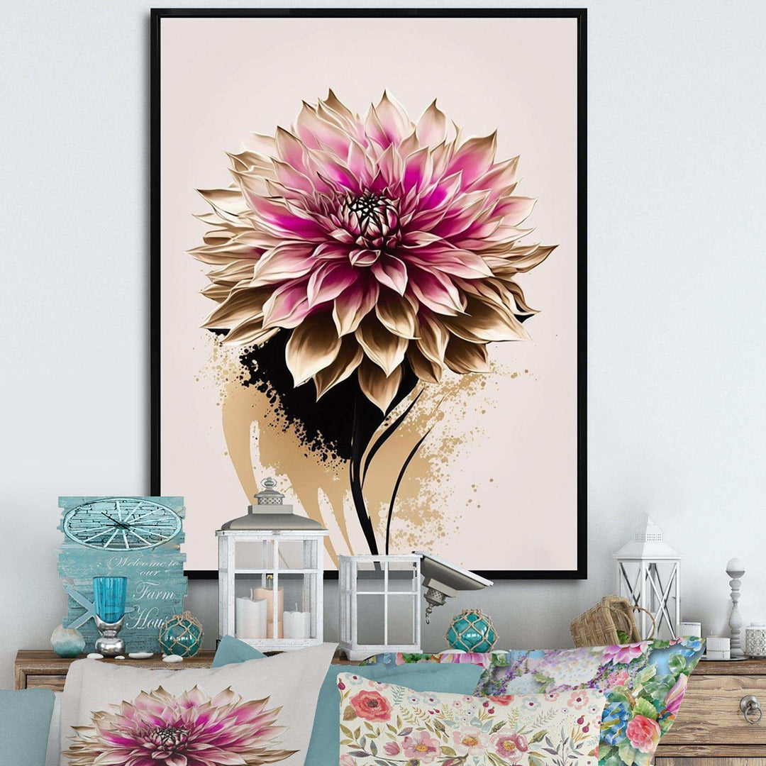 Pink Dahli Flower On Abstract Fusion  - Traditional Bedroom Wall Art