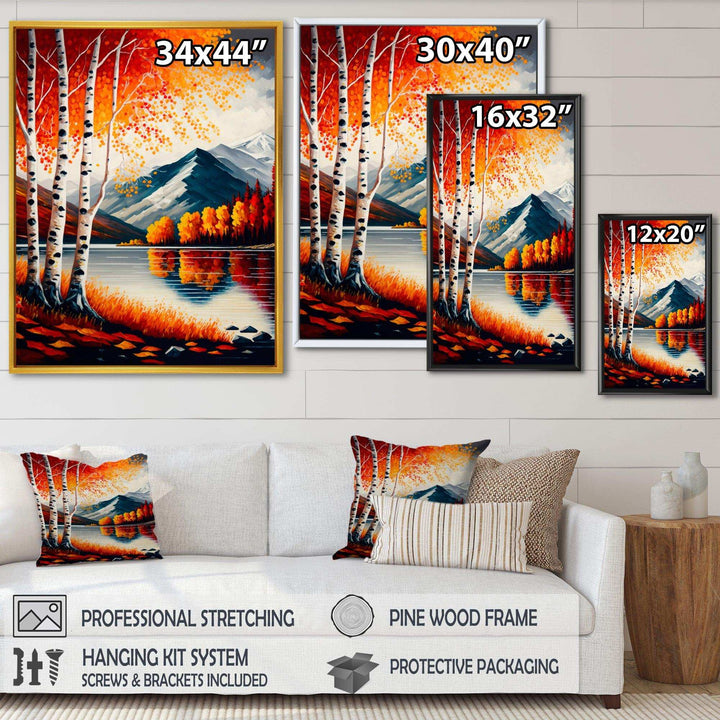 Red And Orange Birch Trees By The Lake VI
