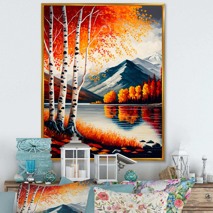 Red And Orange Birch Trees By The Lake VI