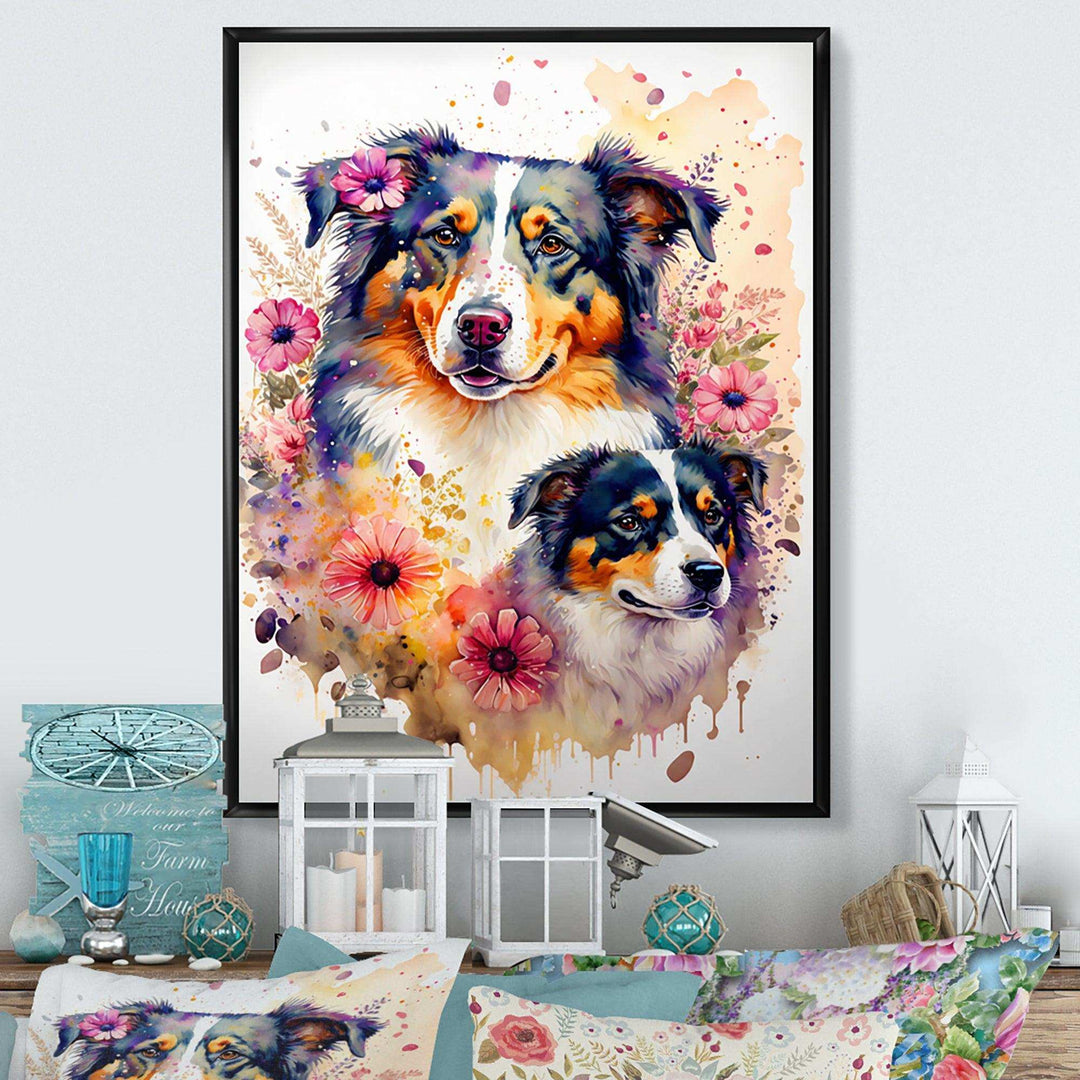 Cute Australian Shepherds Floral Art I