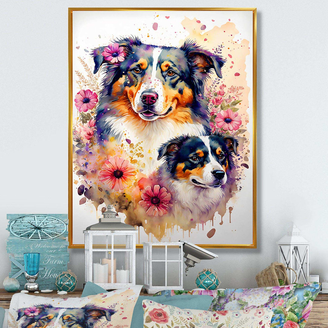 Cute Australian Shepherds Floral Art I
