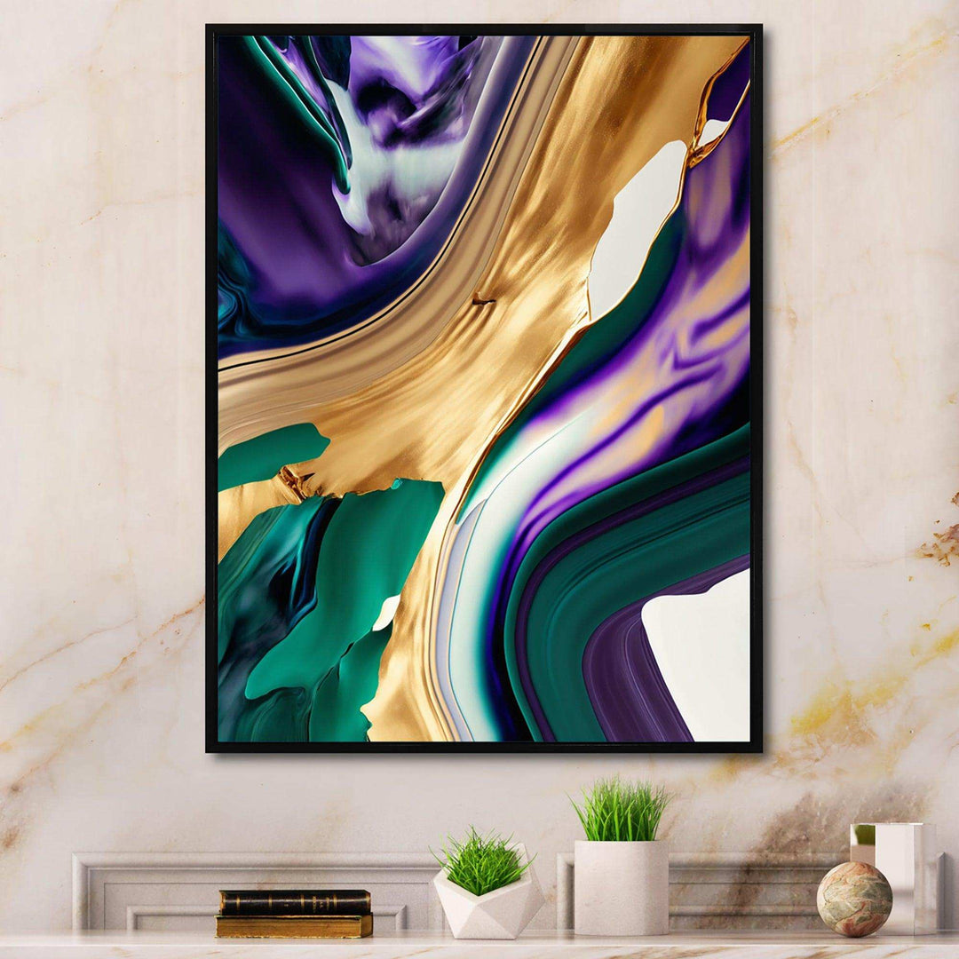 Purple, Green And Gold Bold Strokes I - Modern Living Room Wall Decor