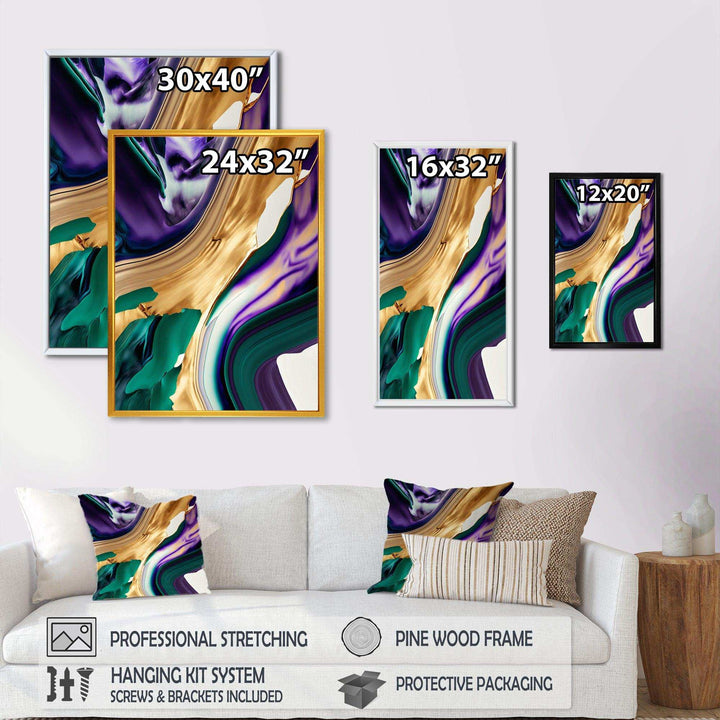 Purple, Green And Gold Bold Strokes I - Modern Living Room Wall Decor