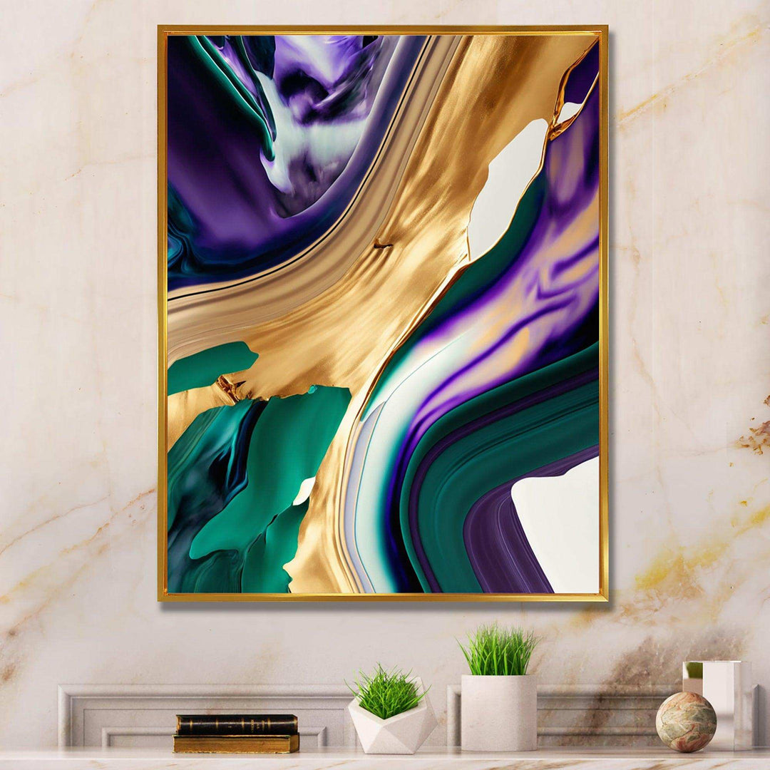 Purple, Green And Gold Bold Strokes I - Modern Living Room Wall Decor