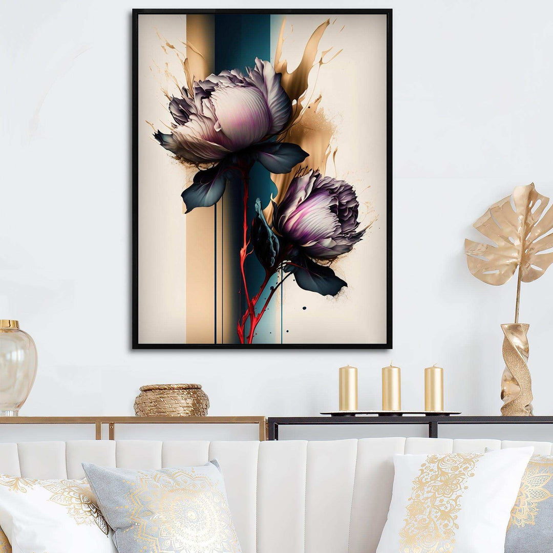 Red Peony Flower On Abstract Paint III - Modern Living Room Wall Decor