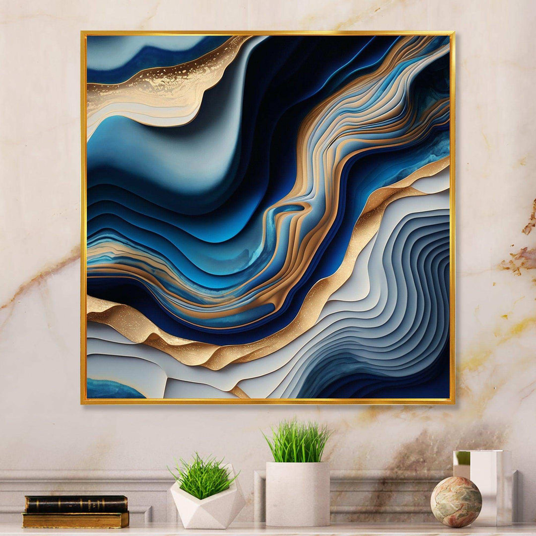 Vibrant Blue And Gold Flow Art II - Modern Bedroom Wall Art