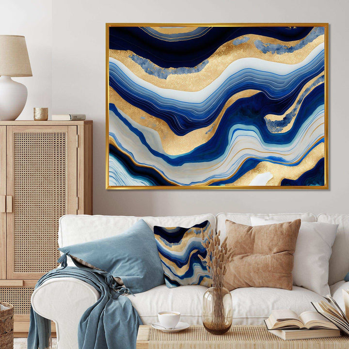 Vibrant Blue And Gold Flow Art IV - Modern Living Room Wall Decor