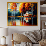 Red And Orange Lake House With Birch Trees