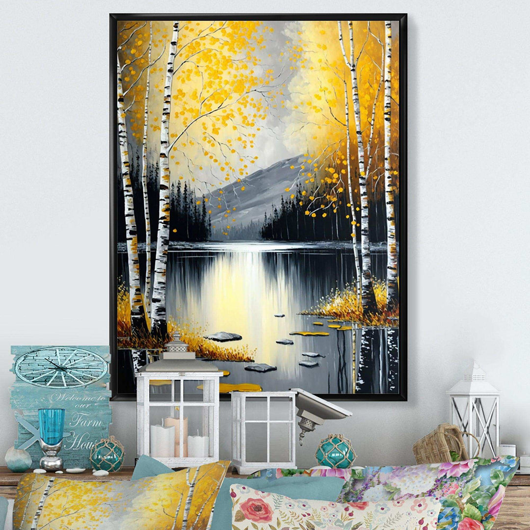 Monochrome Golden Birch Trees By The Lake I