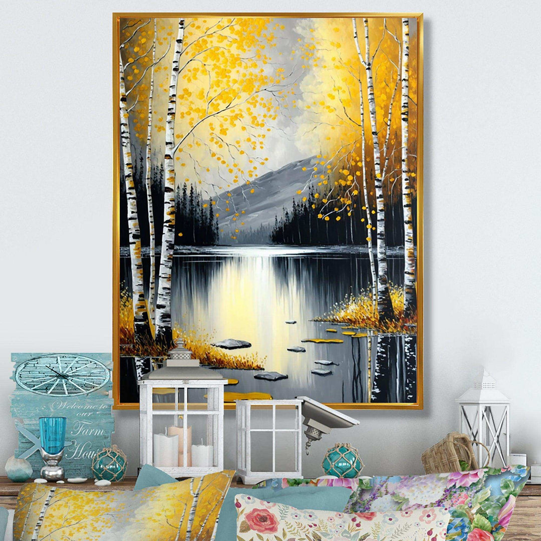 Monochrome Golden Birch Trees By The Lake I
