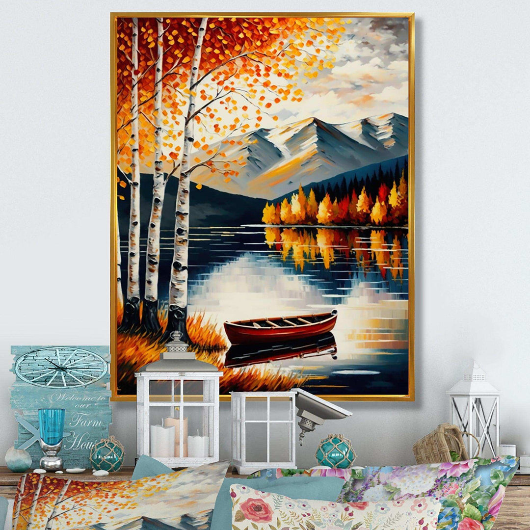 Red And Orange Birch Trees By The Lake VII