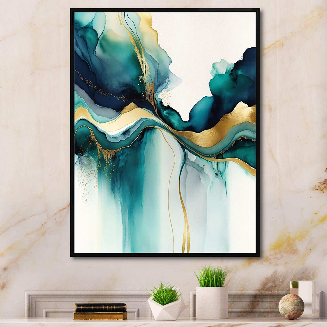 Teal And Gold Abstract Expression I - Modern Living Room Wall Decor