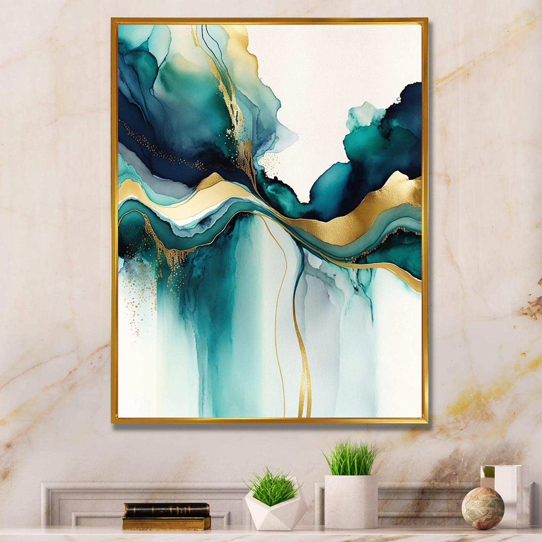 Teal And Gold Abstract Expression I - Modern Living Room Wall Decor