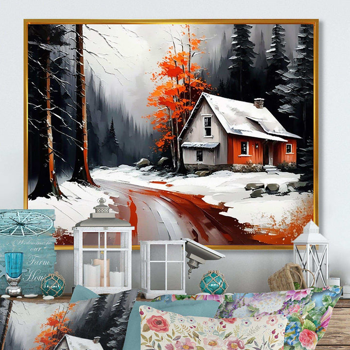 Monochrome Orange Cottage In Winter IV