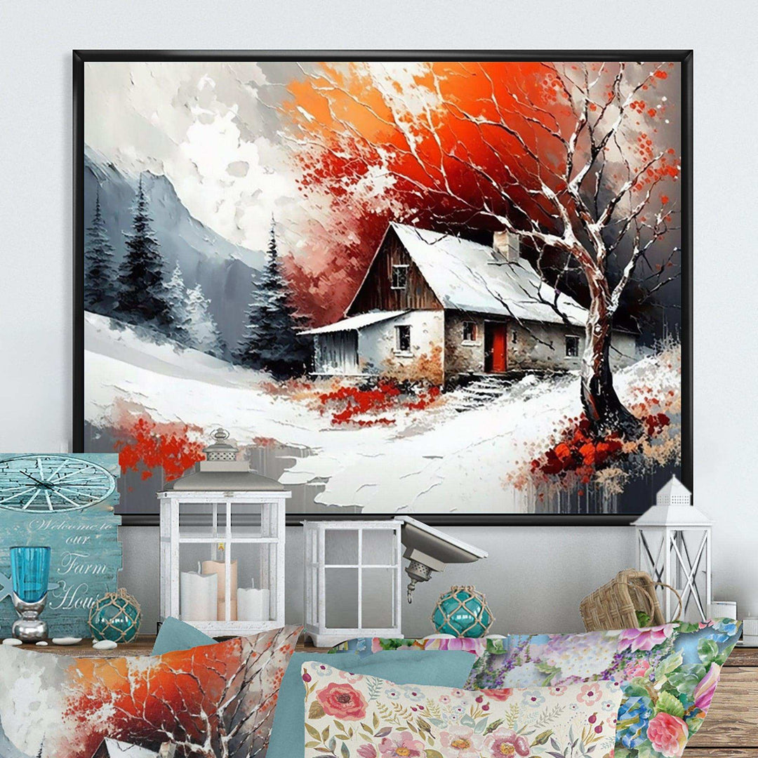 Monochrome Orange Cottage In Winter VII