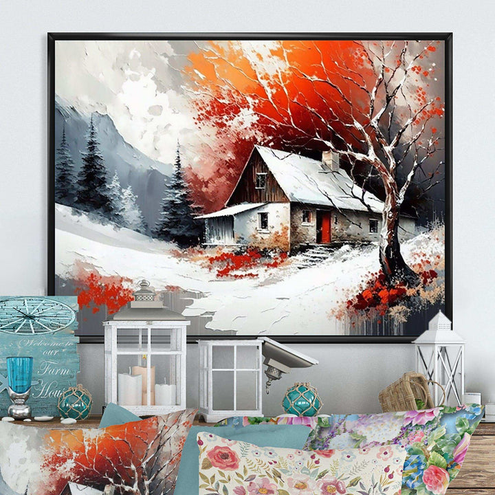 Monochrome Orange Cottage In Winter VII