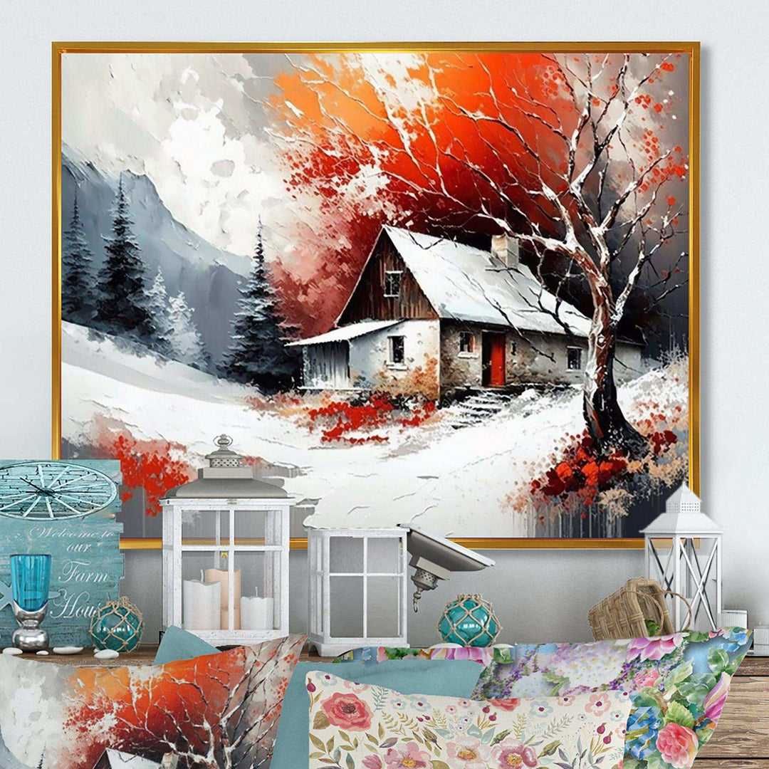 Monochrome Orange Cottage In Winter VII