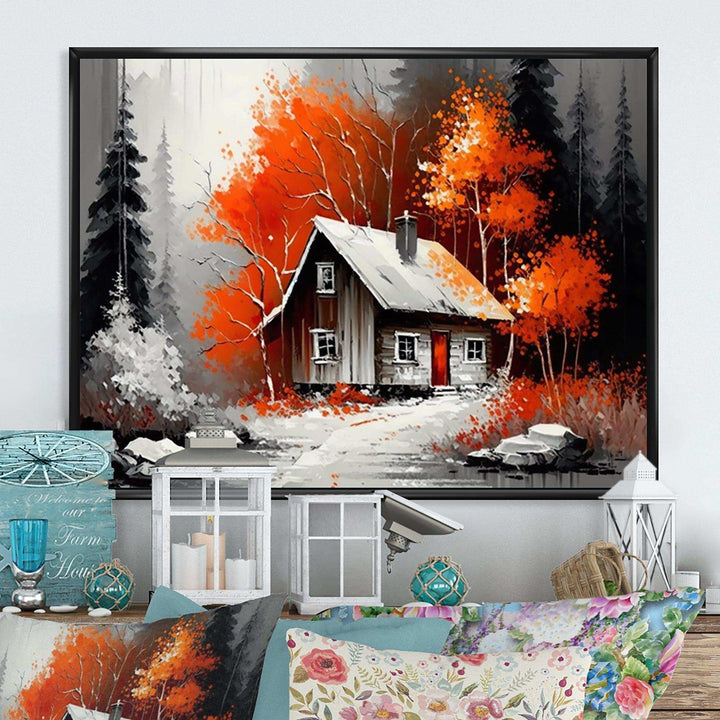Monochrome Orange Cottage In Winter IX