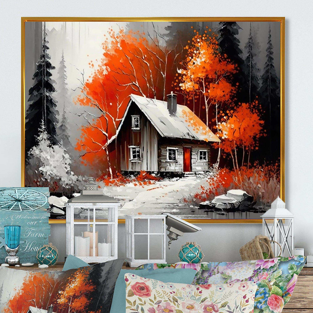 Monochrome Orange Cottage In Winter IX