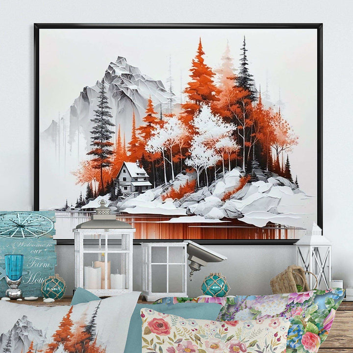 Monochrome Orange Cottage In Winter II