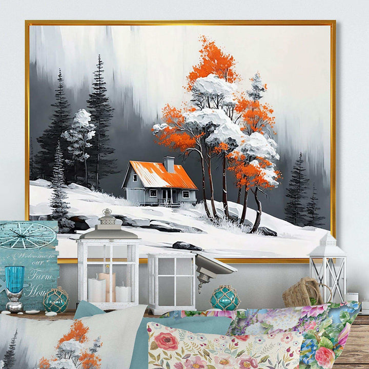 Monochrome Orange Cottage In Winter IV
