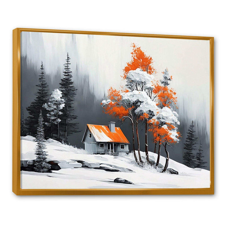 Monochrome Orange Cottage In Winter IV
