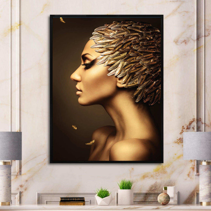 Woman with Gold Feather Hat - Modern Living Room Wall Decor