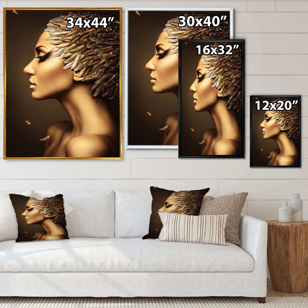 Woman with Gold Feather Hat - Modern Living Room Wall Decor